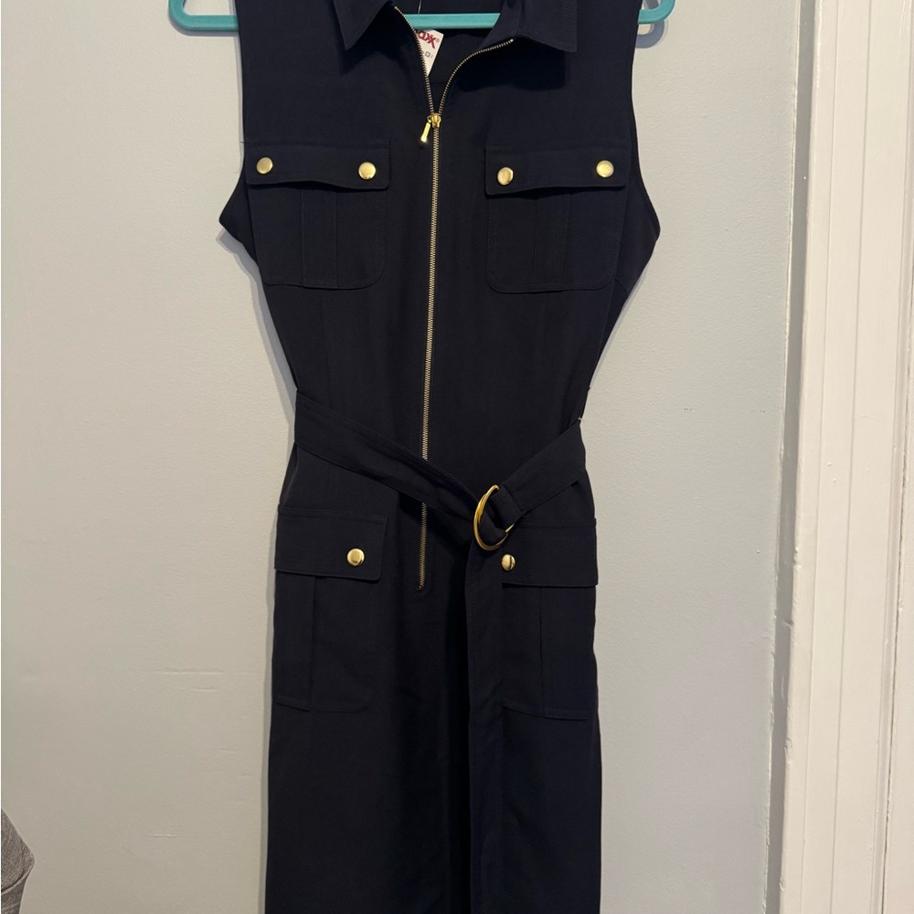 Sheragano Navy Blue Sleeveless Shirt Dress with Gold Accents